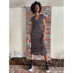 90s Vintage Black Mock Wrap Dress. Pink Polka Dots, V-neck Summer Dress